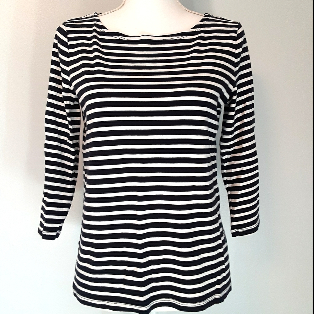 Talbots Boatneck 3/4 Sleeve Top Navy White Medium